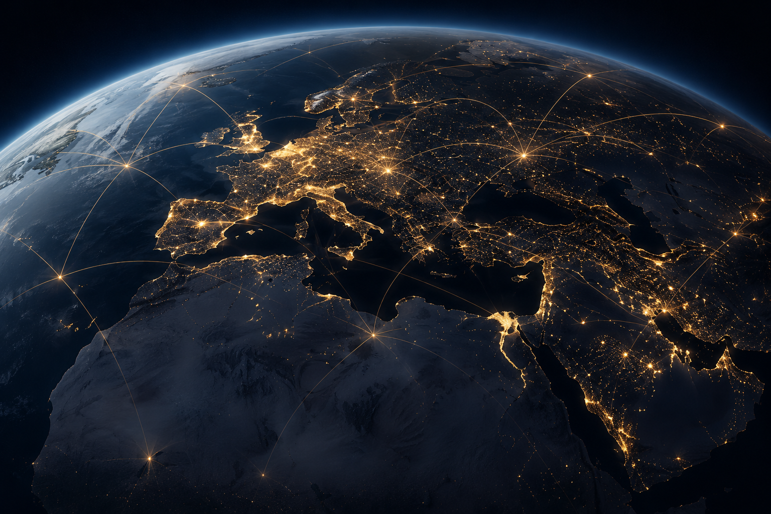Visão global da Terra com conexões internacionais