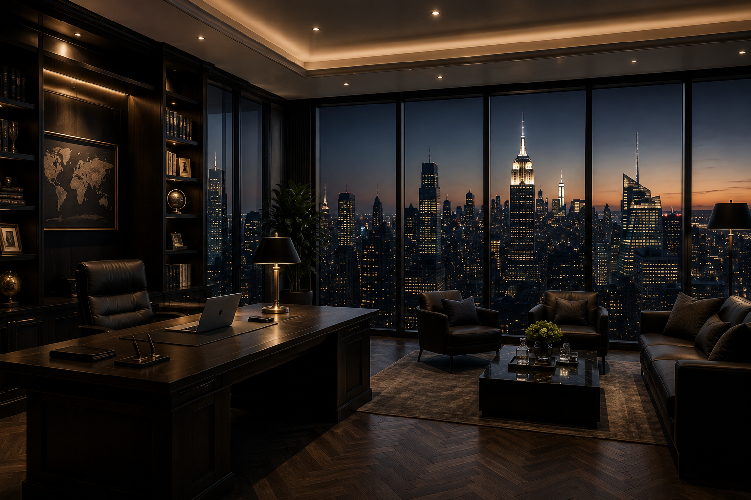 Escritório executivo com vista para Manhattan ao entardecer